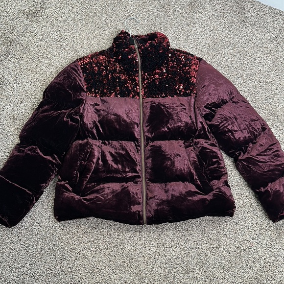 Anthropology Maeve Vera velvet burgundy sequins puffer jacket size medium - Picture 12 of 14